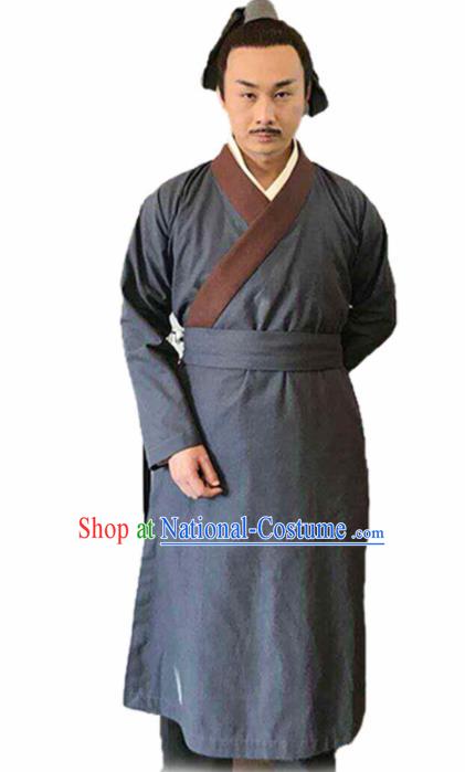 Chinese Traditional Han Dynasty Civilian Costume Ancient Farmer Grey Clothing for Men