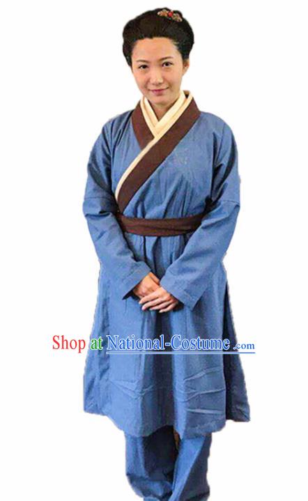 Chinese Traditional Han Dynasty Female Civilian Blue Costume Ancient Farmwife Clothing for Women