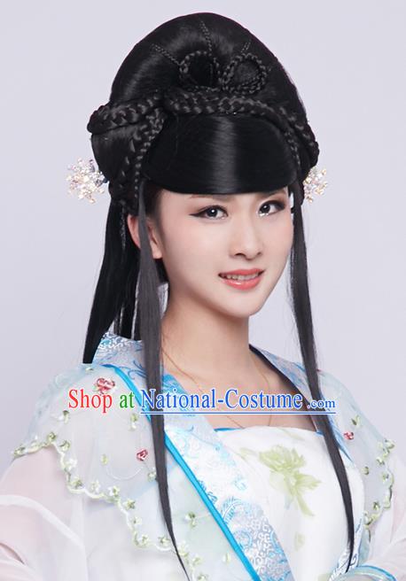 Chinese Ancient Princess Black Long Wigs Traditional Tang Dynasty Nobility Lady Wig Sheath Headwear for Women