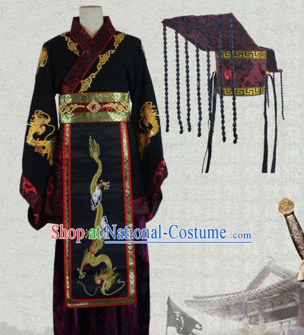 Chinese Traditional Qin Dynasty Emperor Costume Ancient Monarch Clothing and Hat for Men