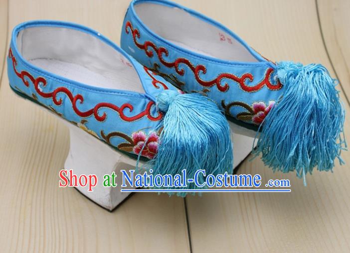 Chinese Ancient Court Princess Blue Shoes Traditional Qing Dynasty Imperial Consort Embroidered Shoes for Women