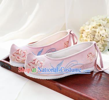 Chinese National Embroidered Peony Pink Shoes Ancient Traditional Princess Shoes Hanfu Shoes for Women