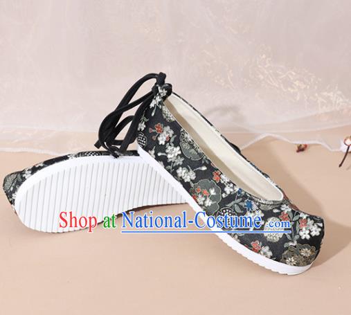 Chinese National Wedding Hanfu Shoes Traditional Princess Black Satin Shoes Embroidered Shoes for Women