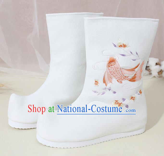 Chinese National Embroidered Carp White Boots Hanfu Shoes Traditional Princess Shoes Ancient Shoes for Women