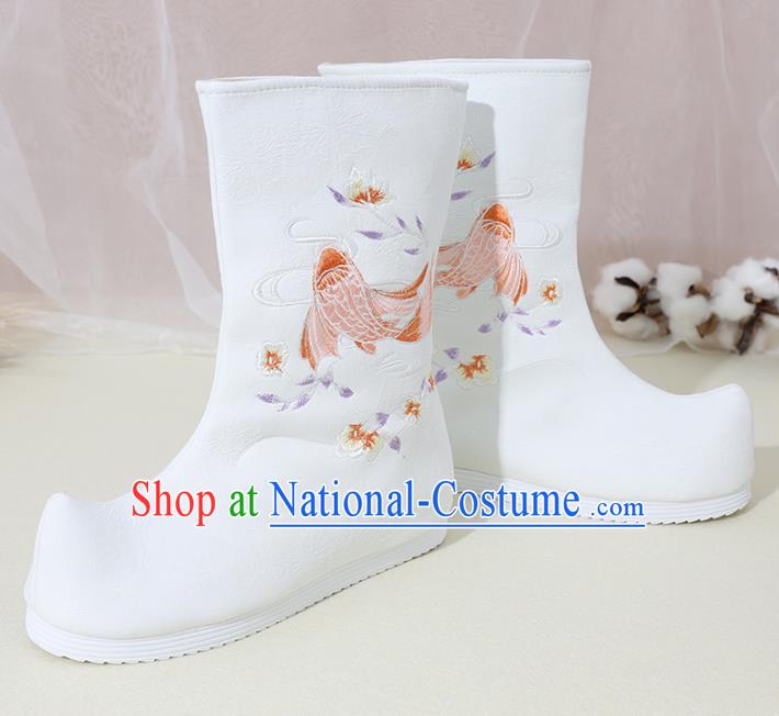 Chinese National Embroidered Carp White Boots Hanfu Shoes Traditional Princess Shoes Ancient Shoes for Women