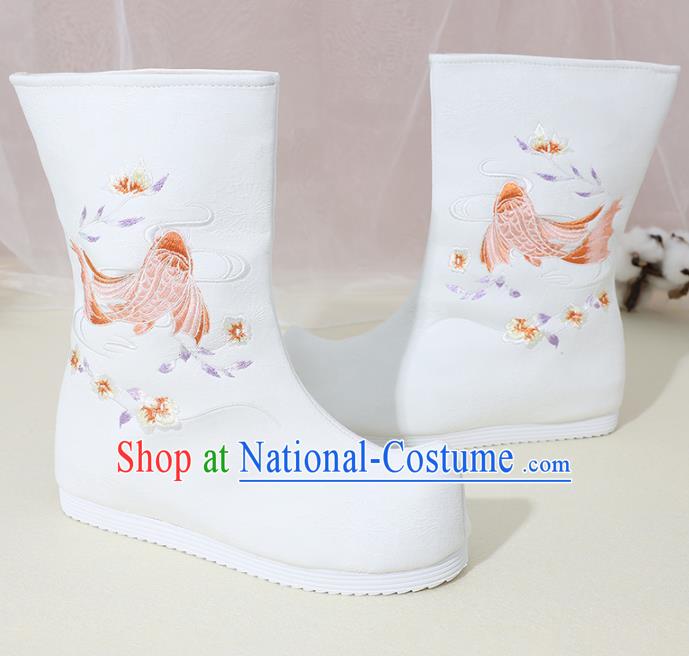 Chinese National Embroidered Carp White Boots Hanfu Shoes Traditional Princess Shoes Ancient Shoes for Women