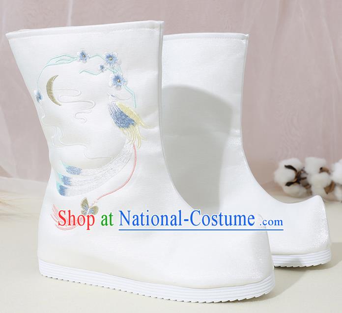 Chinese National Embroidered Phoenix White Boots Hanfu Shoes Traditional Princess Shoes Ancient Shoes for Women