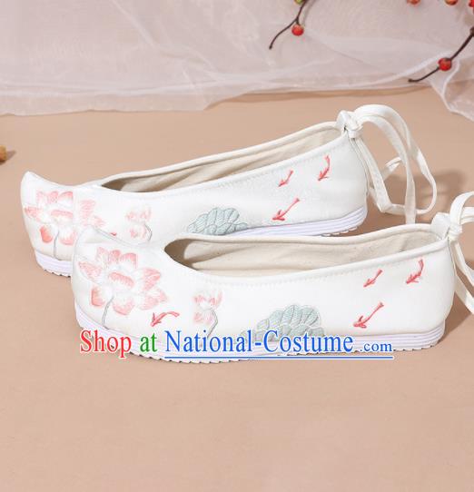 Chinese National White Embroidered Lotus Shoes Ancient Traditional Princess Shoes Hanfu Shoes for Women