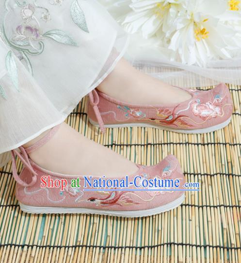 Chinese National Embroidered Phoenix Peony Pink Shoes Ancient Traditional Princess Shoes Hanfu Shoes for Women