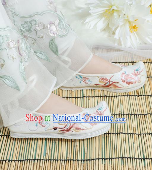 Chinese National Embroidered Phoenix Peony White Shoes Ancient Traditional Princess Shoes Hanfu Shoes for Women