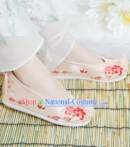 Chinese National Embroidered Manjusaka Pink Shoes Ancient Traditional Princess Shoes Hanfu Shoes for Women