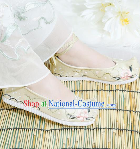 Chinese National Embroidered Peony Yellow Shoes Ancient Traditional Princess Shoes Hanfu Shoes for Women