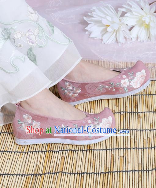 Chinese National Embroidered Peach Blossom Pink Shoes Ancient Traditional Princess Shoes Hanfu Shoes for Women