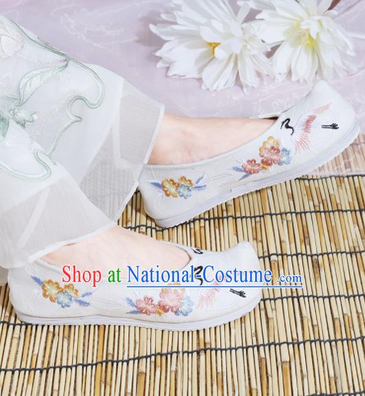 Chinese National Embroidered Crane White Shoes Ancient Traditional Princess Shoes Hanfu Shoes for Women