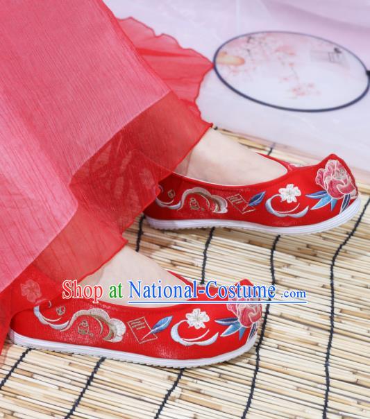 Chinese National Embroidered Peony Red Shoes Ancient Traditional Princess Shoes Wedding Hanfu Shoes for Women