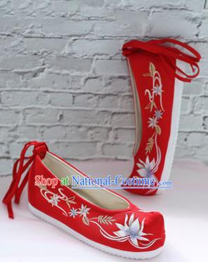 Chinese National Embroidered Lotus Red Shoes Ancient Traditional Princess Shoes Wedding Hanfu Shoes for Women