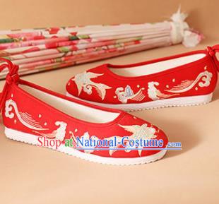 Chinese National Wedding Embroidered Fish Red Shoes Ancient Traditional Princess Shoes Hanfu Shoes for Women