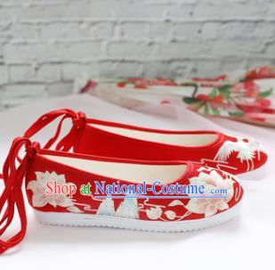 Chinese National Wedding Embroidered Lotus Red Shoes Ancient Traditional Princess Shoes Hanfu Shoes for Women