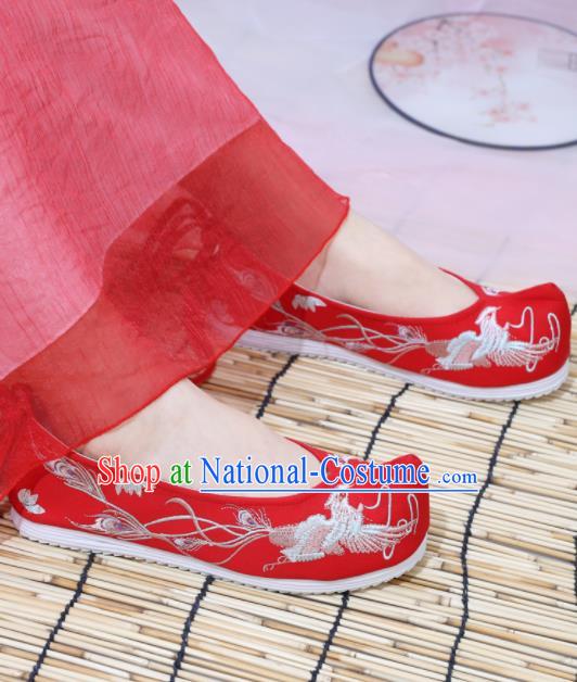 Traditional Chinese National Embroidered Phoenix Red Shoes Ancient Princess Shoes Handmade Hanfu Shoes for Women