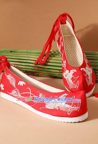 Traditional Chinese National Embroidered Phoenix Red Shoes Ancient Princess Shoes Handmade Hanfu Shoes for Women