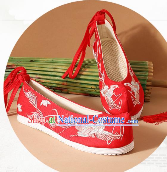 Traditional Chinese National Embroidered Phoenix Red Shoes Ancient Princess Shoes Handmade Hanfu Shoes for Women