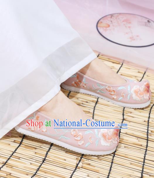 Traditional Chinese National Embroidered Peony Pink Shoes Ancient Princess Shoes Handmade Hanfu Shoes for Women