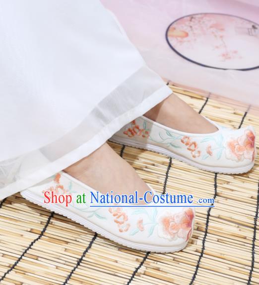 Traditional Chinese National Embroidered Peony White Shoes Ancient Princess Shoes Handmade Hanfu Shoes for Women