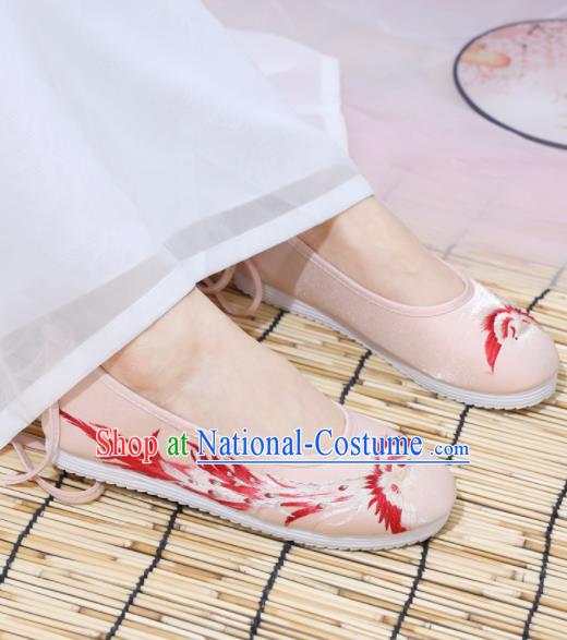 Traditional Chinese National Embroidered Phoenix Pink Shoes Ancient Princess Shoes Handmade Hanfu Shoes for Women