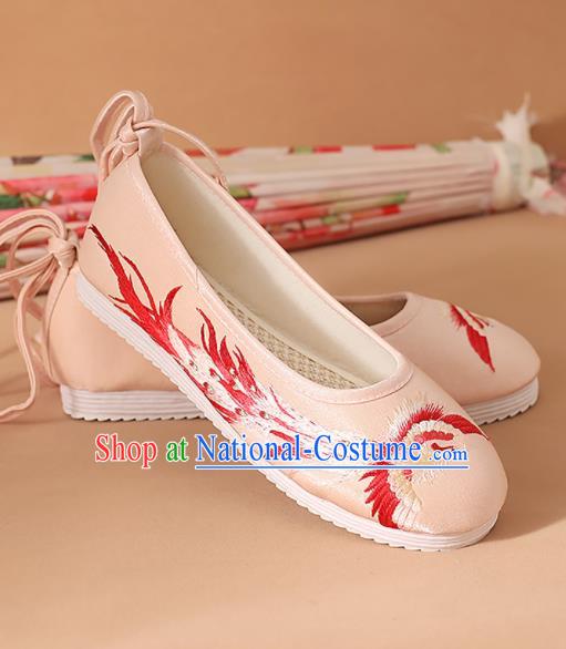 Traditional Chinese National Embroidered Phoenix Pink Shoes Ancient Princess Shoes Handmade Hanfu Shoes for Women