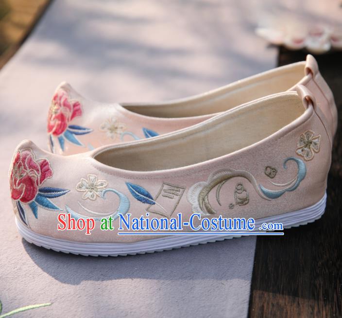 Traditional Chinese National Embroidered Peony Pink Shoes Ancient Princess Cloth Shoes Handmade Hanfu Shoes for Women