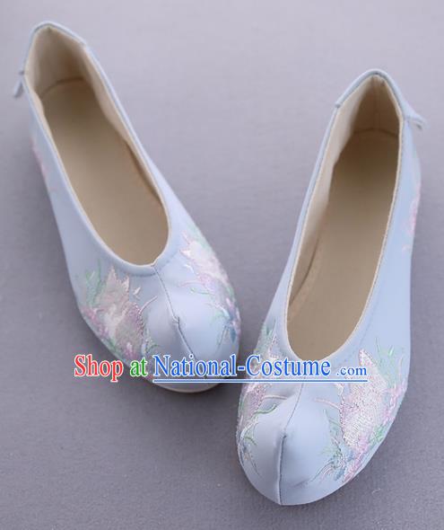 Traditional Chinese National Embroidered Orchid Blue Shoes Ancient Princess Cloth Shoes Handmade Hanfu Shoes for Women