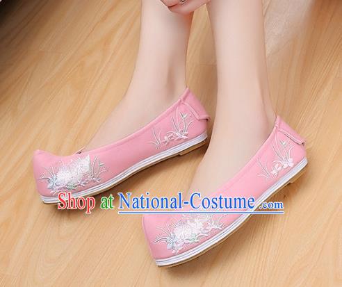 Traditional Chinese National Embroidered Orchid Pink Shoes Ancient Princess Cloth Shoes Handmade Hanfu Shoes for Women