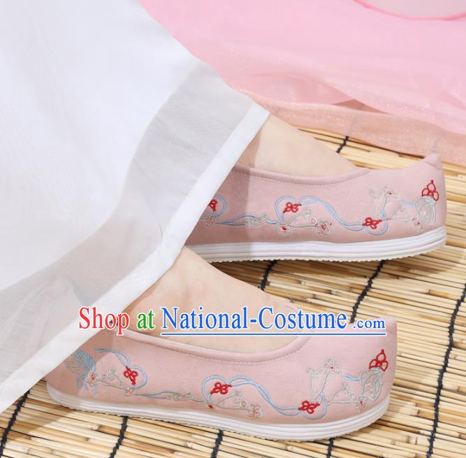 Traditional Chinese National Pink Embroidered Plum Shoes Ancient Princess Shoes Handmade Hanfu Shoes for Women