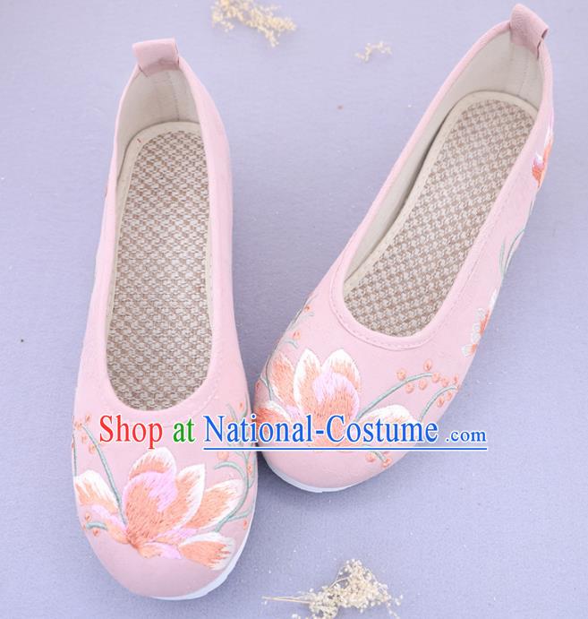 Traditional Chinese Ancient Princess Embroidered Magnolia Pink Shoes Cloth Shoes Handmade Hanfu Shoes for Women