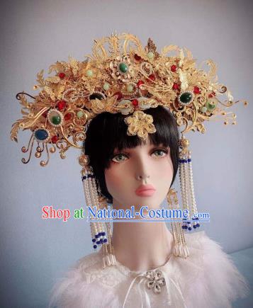 Traditional Chinese Deluxe Golden Phoenix Coronet Hair Accessories Halloween Stage Show Headdress for Women