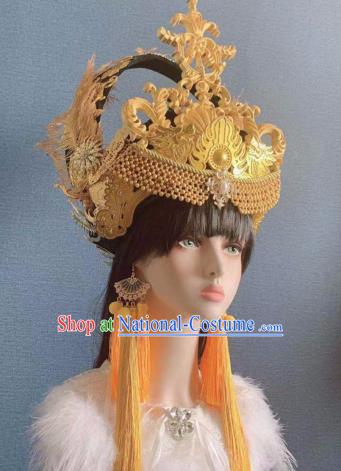 Traditional Chinese Deluxe Golden Feather Phoenix Coronet Hair Accessories Halloween Stage Show Headdress for Women