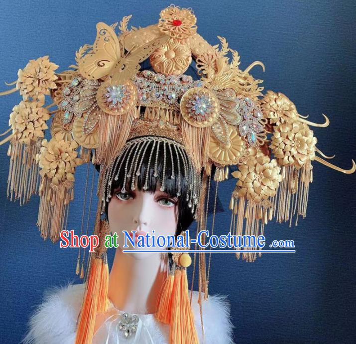 Traditional Chinese Deluxe Golden Butterfly Tassel Phoenix Coronet Hair Accessories Halloween Stage Show Headdress for Women