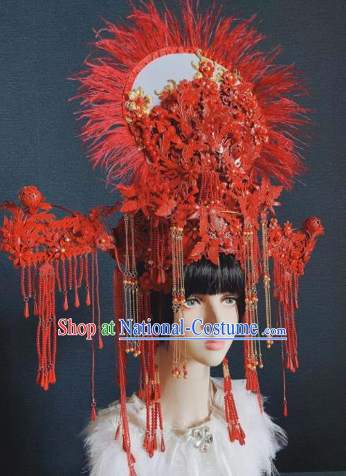 Traditional Chinese Deluxe Red Tassel Hat Phoenix Coronet Hair Accessories Halloween Stage Show Headdress for Women