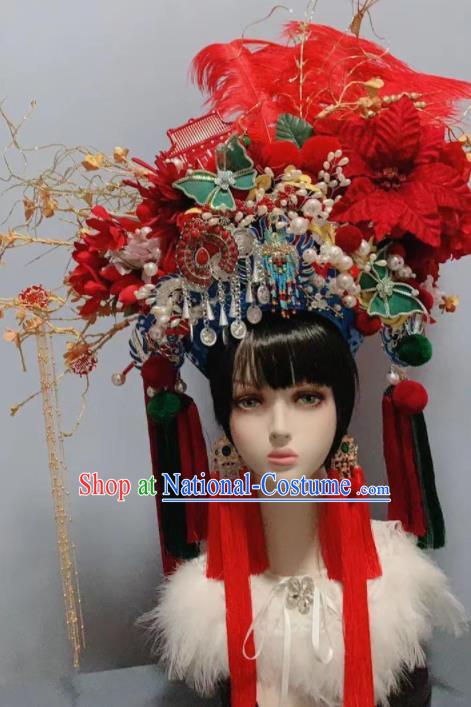 Traditional Chinese Deluxe Red Feather Phoenix Coronet Hair Accessories Halloween Stage Show Headdress for Women