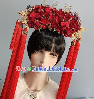 Traditional Chinese Deluxe Red Flowers Phoenix Coronet Hair Accessories Halloween Stage Show Headdress for Women