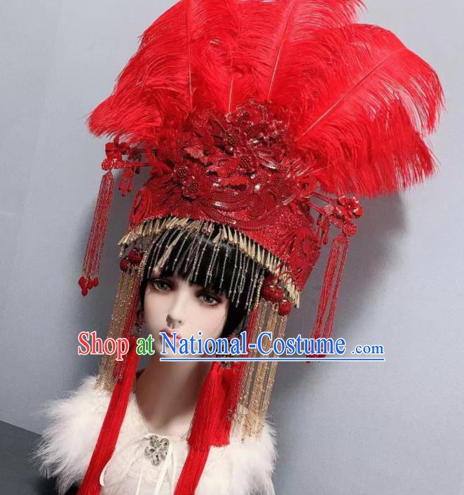 Traditional Chinese Deluxe Red Feather Tassel Phoenix Coronet Hair Accessories Halloween Stage Show Headdress for Women