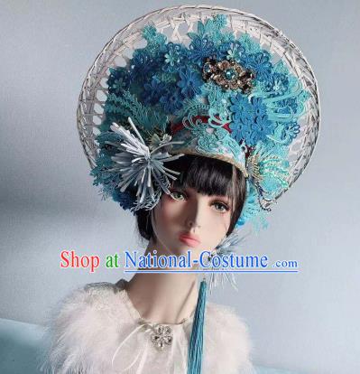 Traditional Chinese Deluxe Hat Blue Phoenix Coronet Hair Accessories Halloween Stage Show Headdress for Women