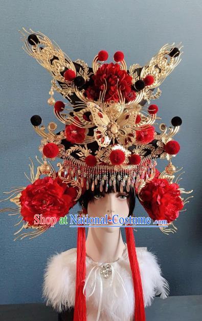 Traditional Chinese Deluxe Palace Red Peony Phoenix Coronet Hair Accessories Halloween Stage Show Headdress for Women