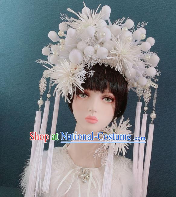 Traditional Chinese Deluxe Palace White Venonat Phoenix Coronet Hair Accessories Halloween Stage Show Headdress for Women