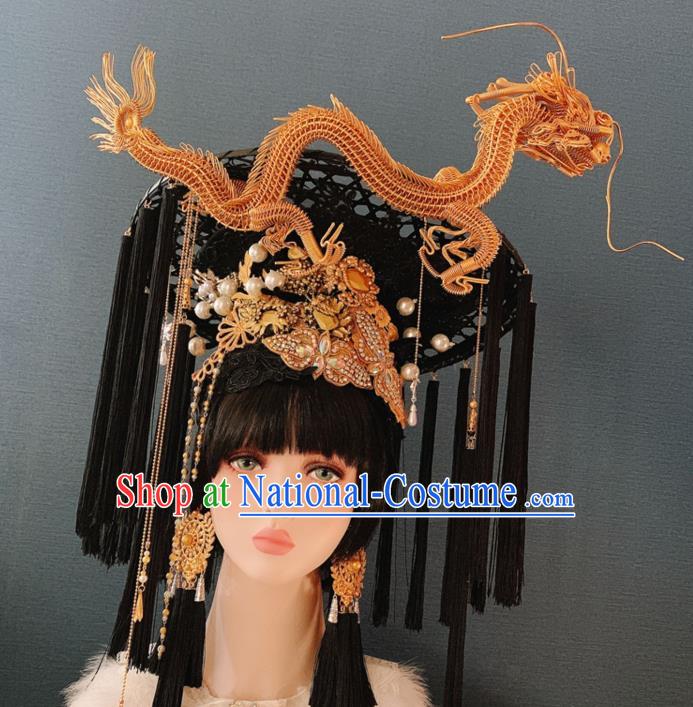 Traditional Chinese Deluxe Palace Golden Dragon Phoenix Coronet Hair Accessories Halloween Stage Show Headdress for Women