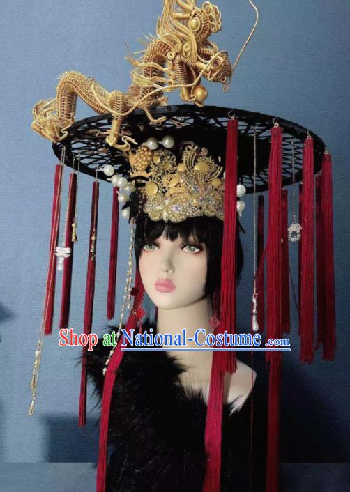 Traditional Chinese Deluxe Palace Golden Dragon Tassel Hat Hair Accessories Halloween Stage Show Headdress for Women