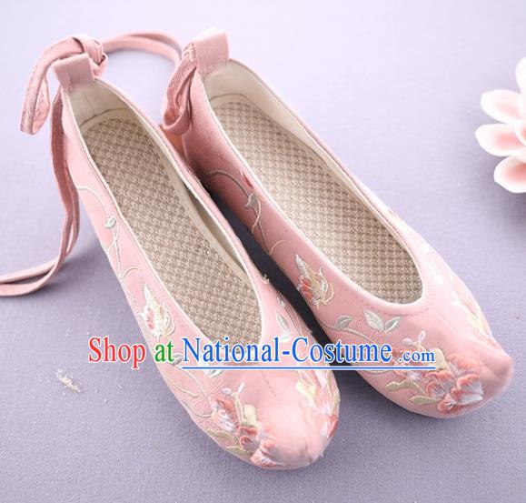 Traditional Chinese National Embroidered Pink Shoes Ancient Princess Cloth Shoes Handmade Hanfu Shoes for Women