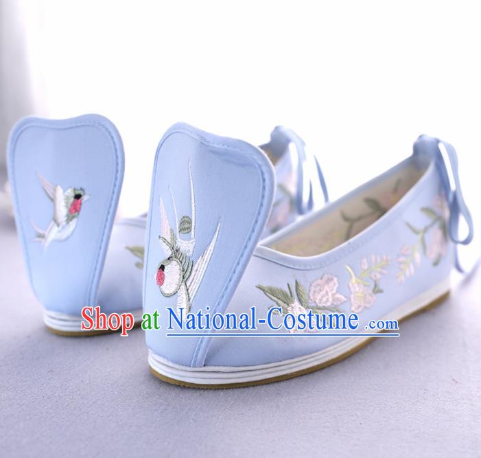 Traditional Chinese Ancient Princess Embroidered Blue Shoes Cloth Shoes Handmade Hanfu Shoes for Women