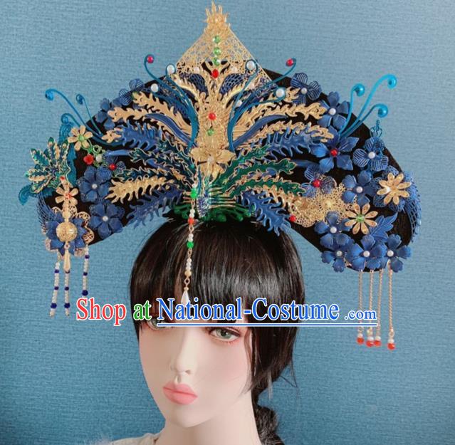 Traditional Chinese Deluxe Qing Dynasty Blue Phoenix Coronet Hair Accessories Halloween Stage Show Headdress for Women