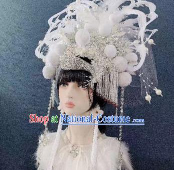 Traditional Chinese Deluxe White Tassel Phoenix Coronet Hair Accessories Halloween Stage Show Headdress for Women